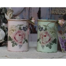 A set of 2 Vintage Shabby Chic Painted Decor Decoupage Tin Cans, French Label   273403408986